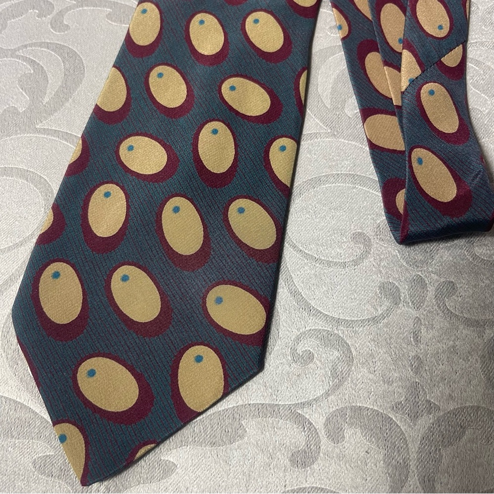 Geoffrey Beene Teal and Yellow Patterned Silk Neck Tie